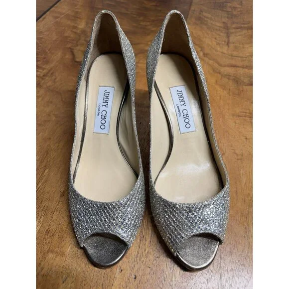 Jimmy Choo Women’s 37.5 ISABEL Champagne Glitter Fabric Open Toe Pump Shoe - Picture 6 of 8